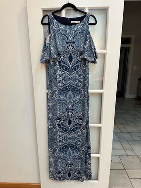 Eliza J. Smokey Navy & White Paisley Cold Shoulder Belted Maxi Dress Size 14